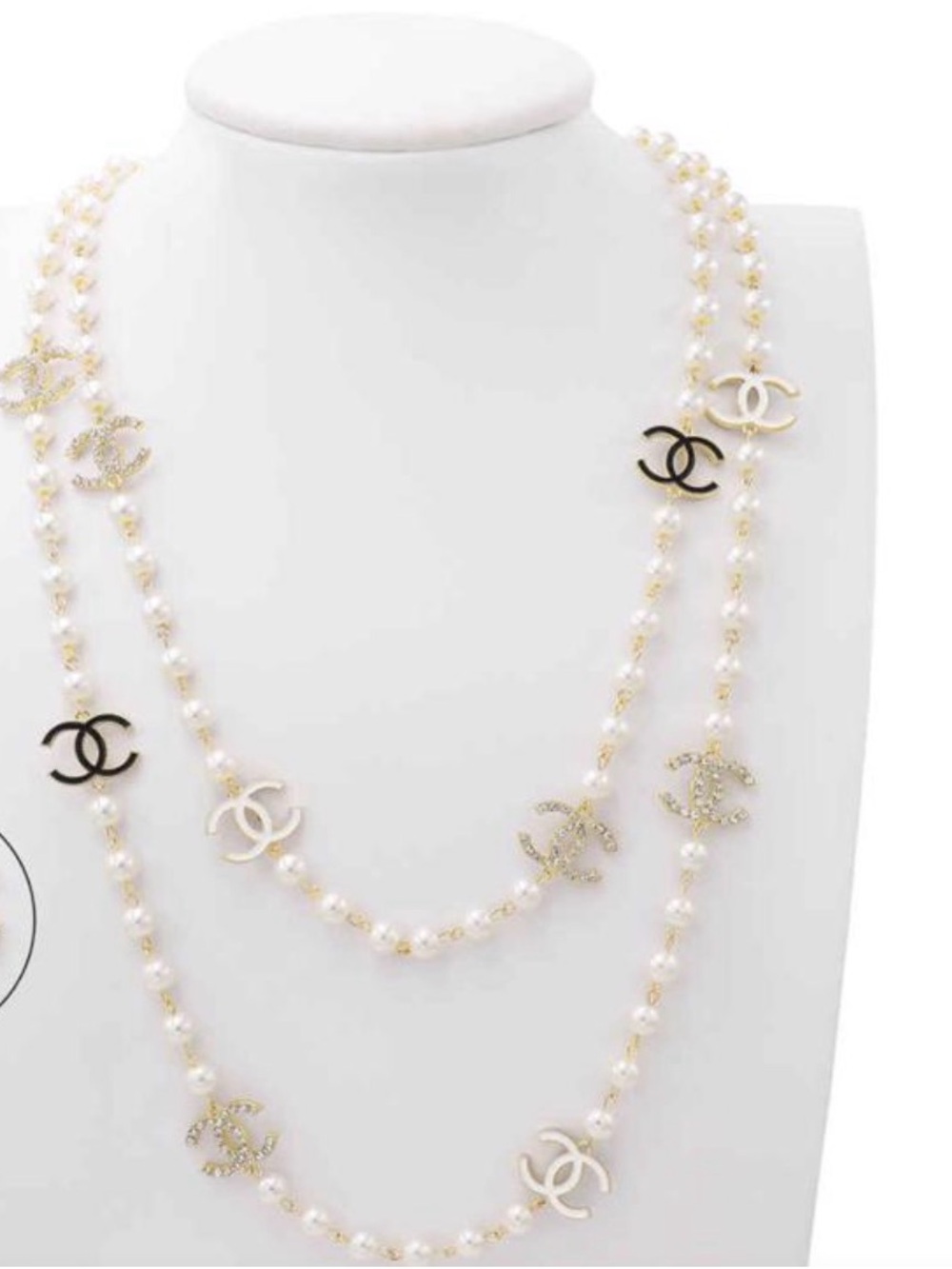 Classic Pearl Station Double Strand Necklace with Interlocking Logos